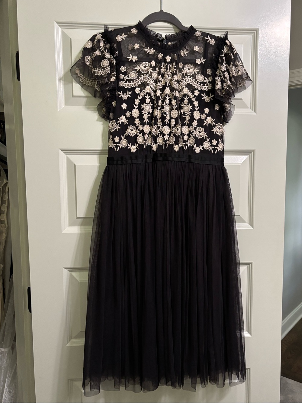Needle & Thread Black Tulle Dress with Ivory Floral Embroidery